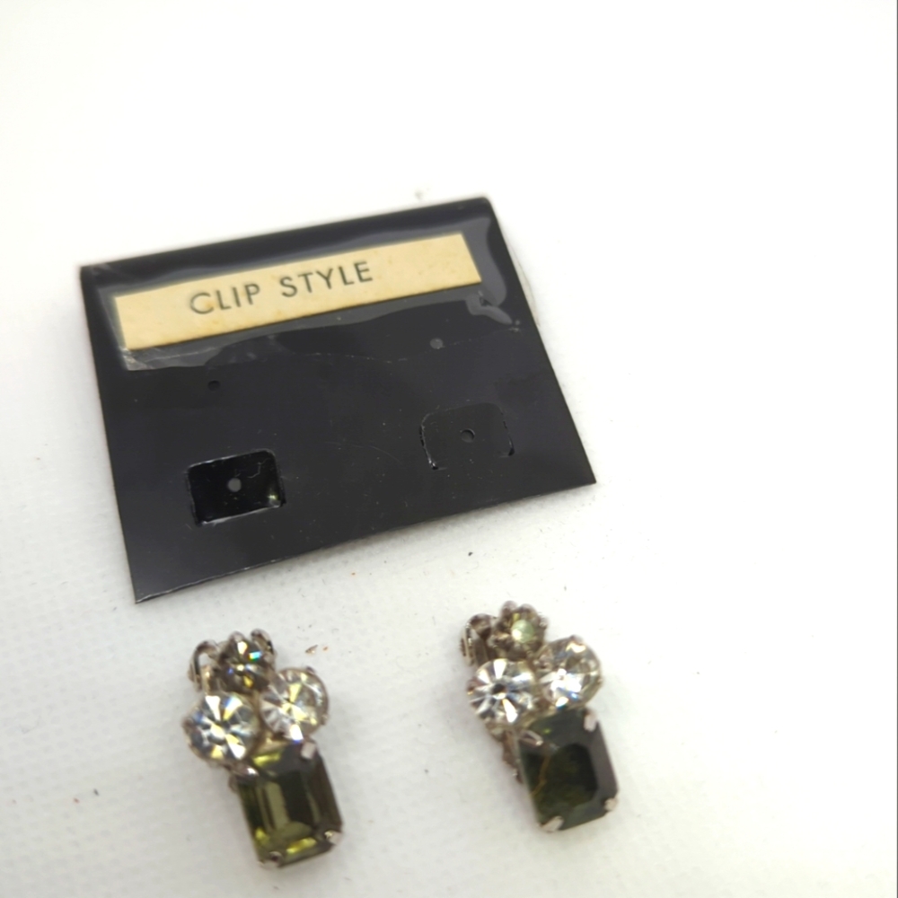 Rhinestones & Simulated Peridot Drop Earrings 14K White Gold Plated Silver Clip